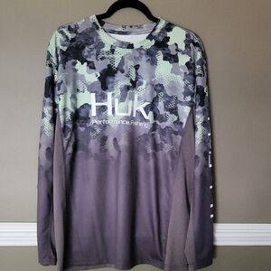 Huk Men's Camouflage Long Sleeve Shirt - Green and Gray Size Large
